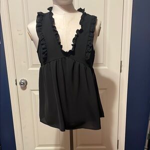 Ruffled Black Sleeveless Blouse with V-Neck